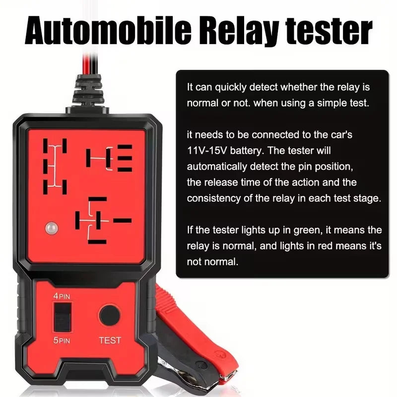 A red and black automotive relay tester device with a battery clamp is shown next to descriptive text.