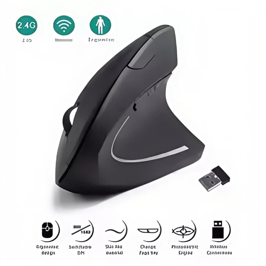 A black vertical ergonomic wireless mouse is shown with its charging cable and various features listed below it.