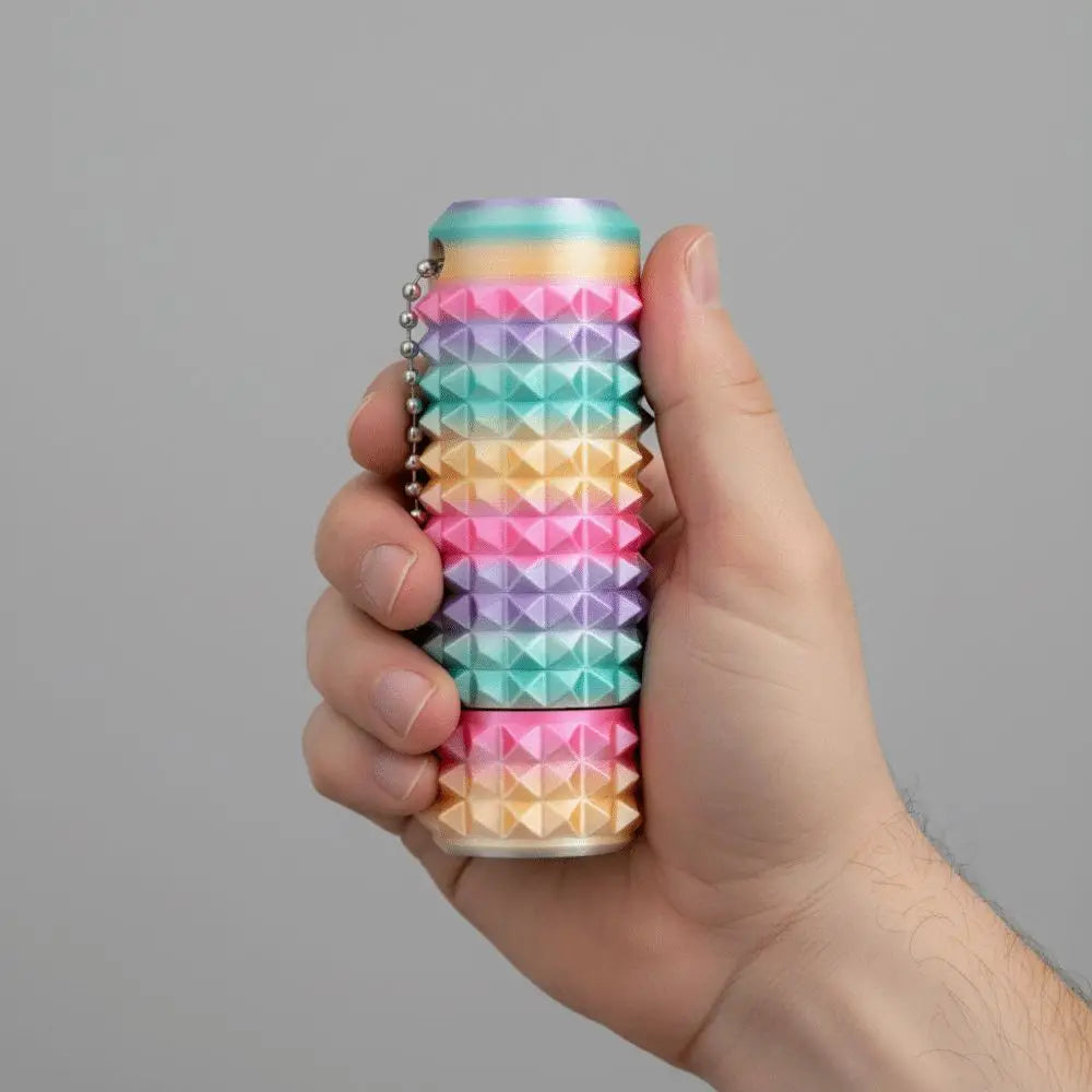 A hand holds a colorful spiky sensory fidget roller with stacked, rotating segments.