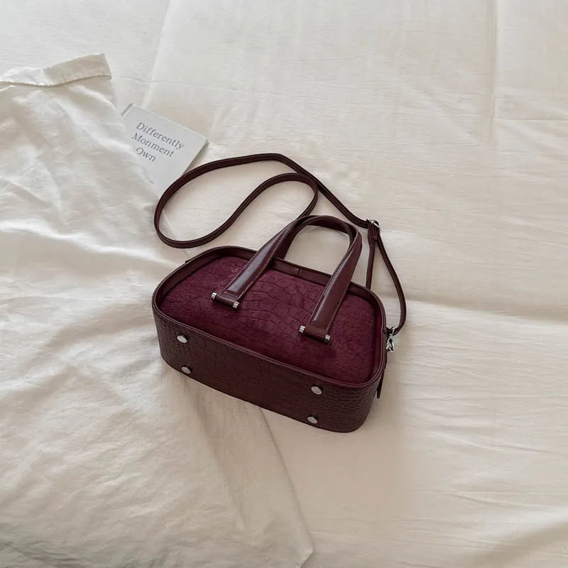 Vintage Croc-Embossed Mini Boston Bag with Dual Straps
