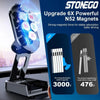 A black magnetic phone mount with six magnets is shown on a desk, demonstrating strong magnetic force for stable driving.