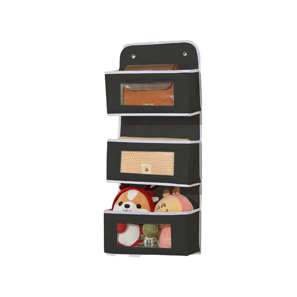 A vertical over-the-door hanging organizer with multiple compartments for storing small items.