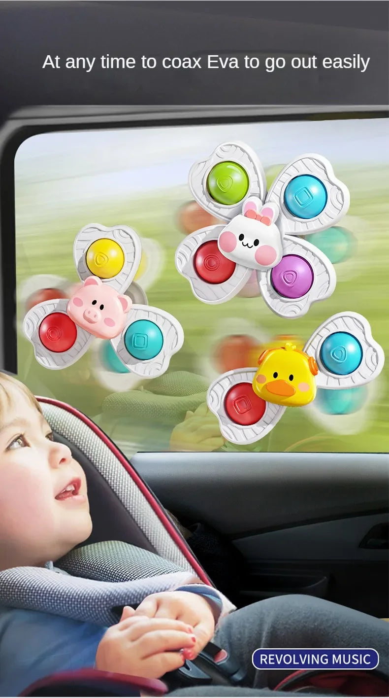A child is shown in a car seat looking at a set of colorful, flower-shaped bath toys designed for easy access.