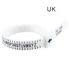 A white adjustable ring and bracelet sizer measuring tool with a letter scale and UK marking.
