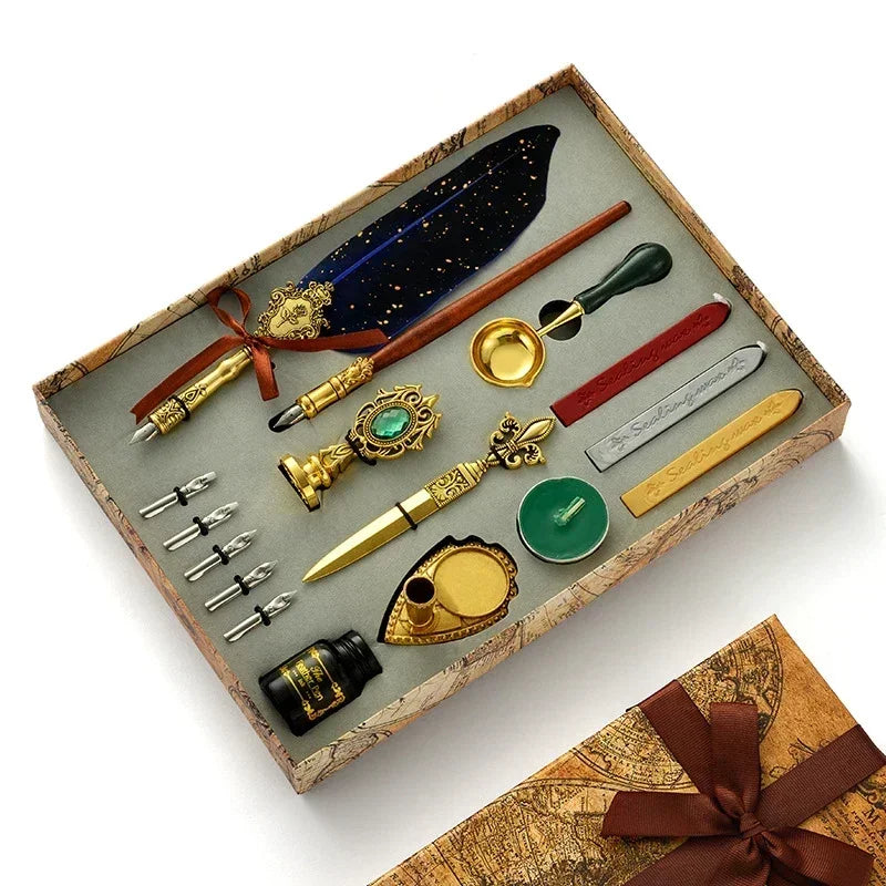 A wooden box holds a vintage calligraphy fountain pen set with various tools including a wax seal stamp kit.