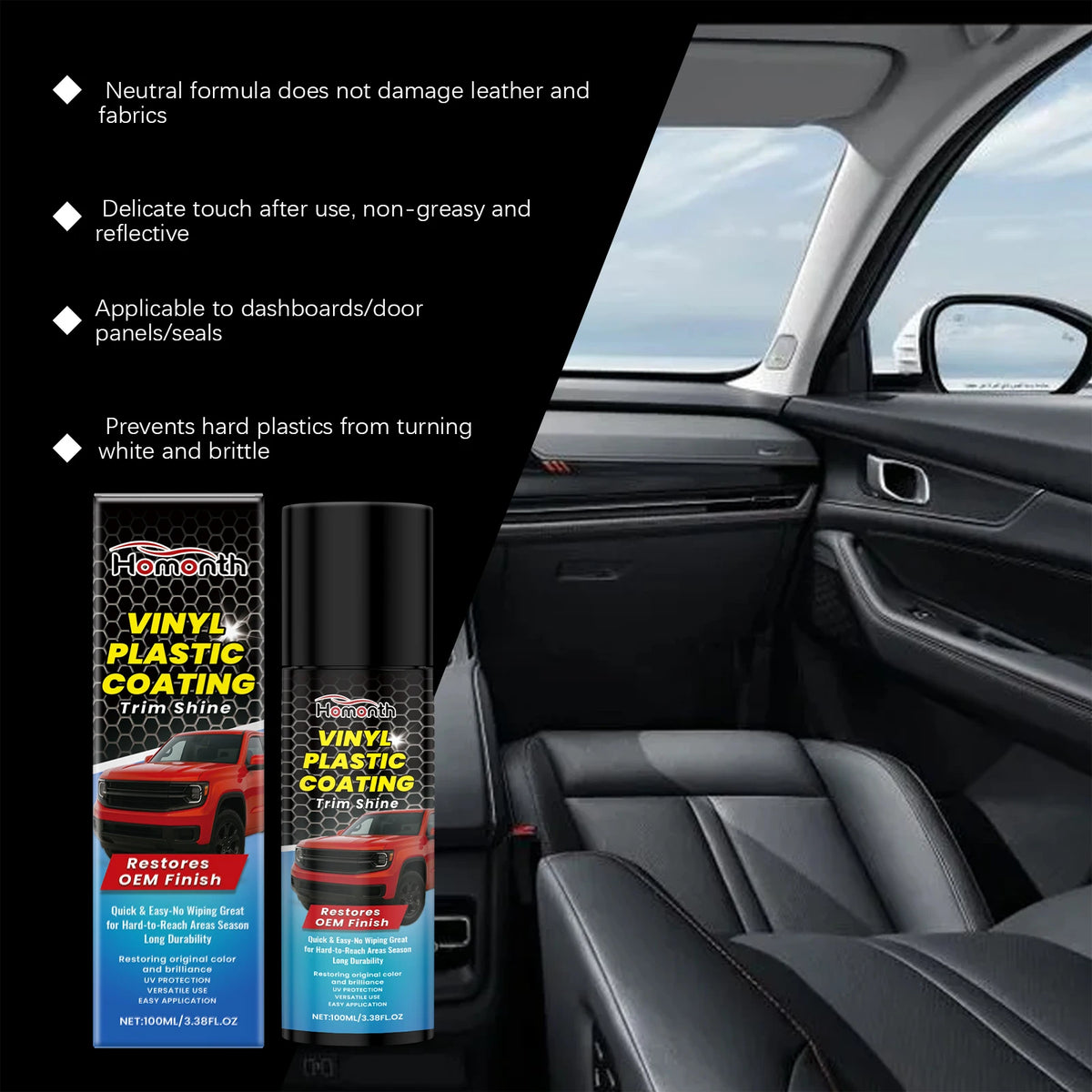 A bottle of Vinyl Plastic Coating Trim Shine product next to a car interior showing the application area.