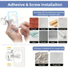 Installation guide showing adhesive and screw installation methods for various wall types like brick, tile, wood, and metal.