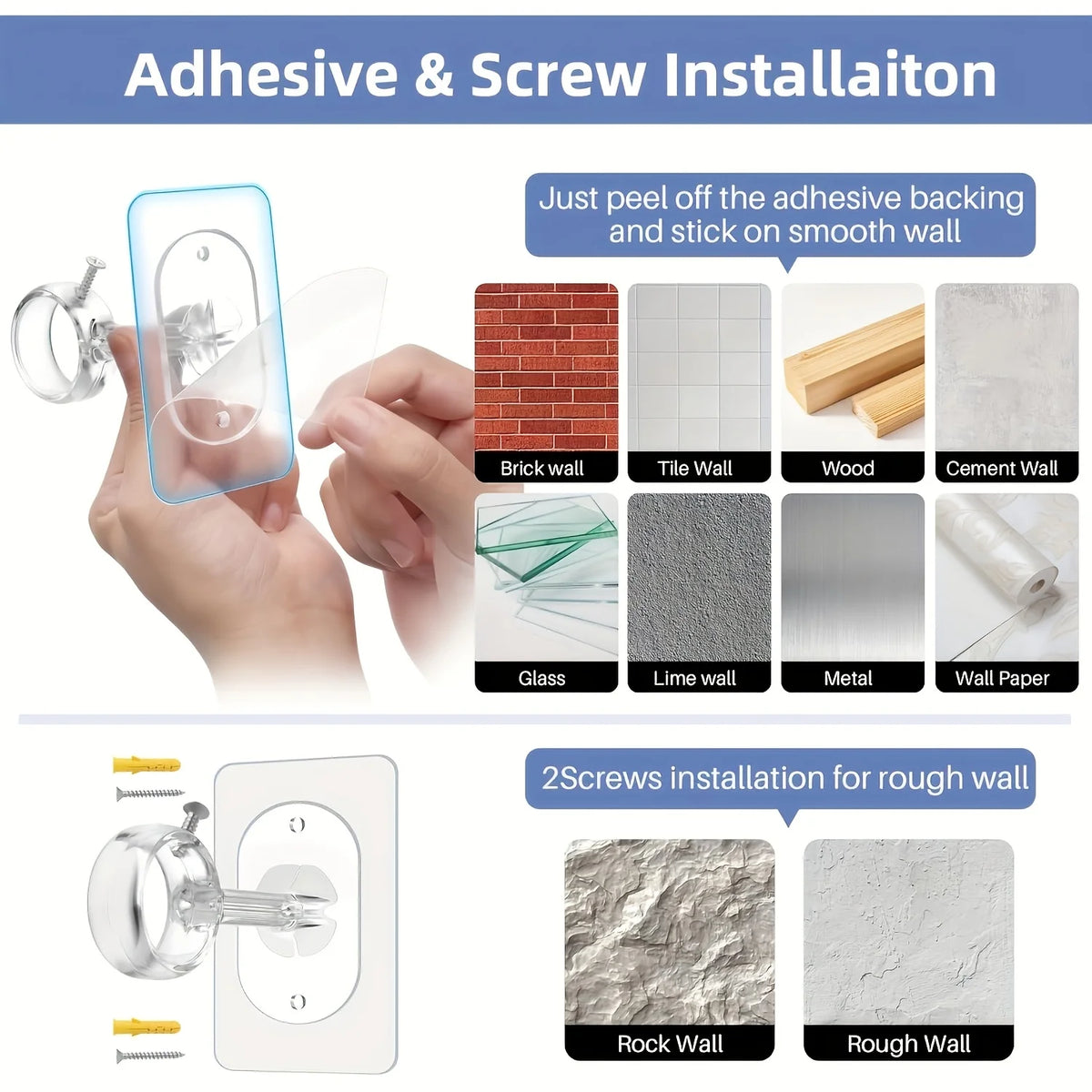 Installation guide showing adhesive and screw installation methods for various wall types like brick, tile, wood, and metal.
