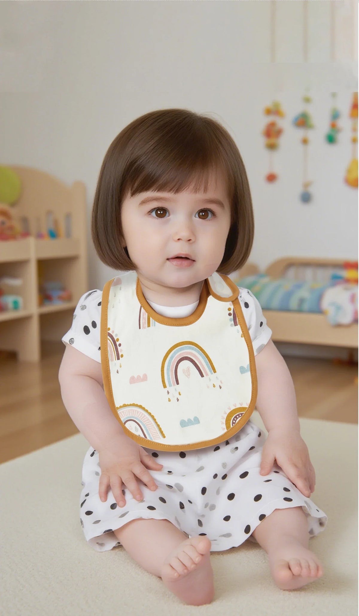 A baby wearing a white bib with a rainbow design and a brown trim sitting on a light surface.