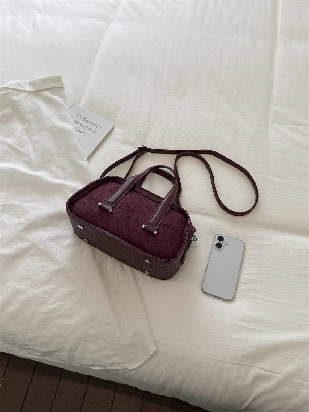 Vintage Croc-Embossed Mini Boston Bag with Dual Straps