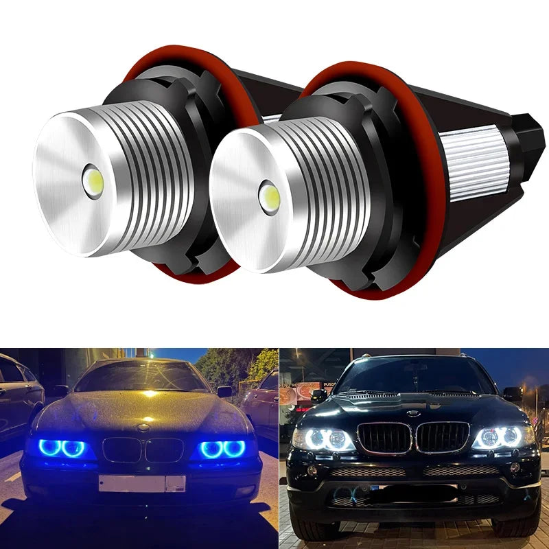 Two LED angel eyes marker light bulbs for select BMW models shown in a close-up view.