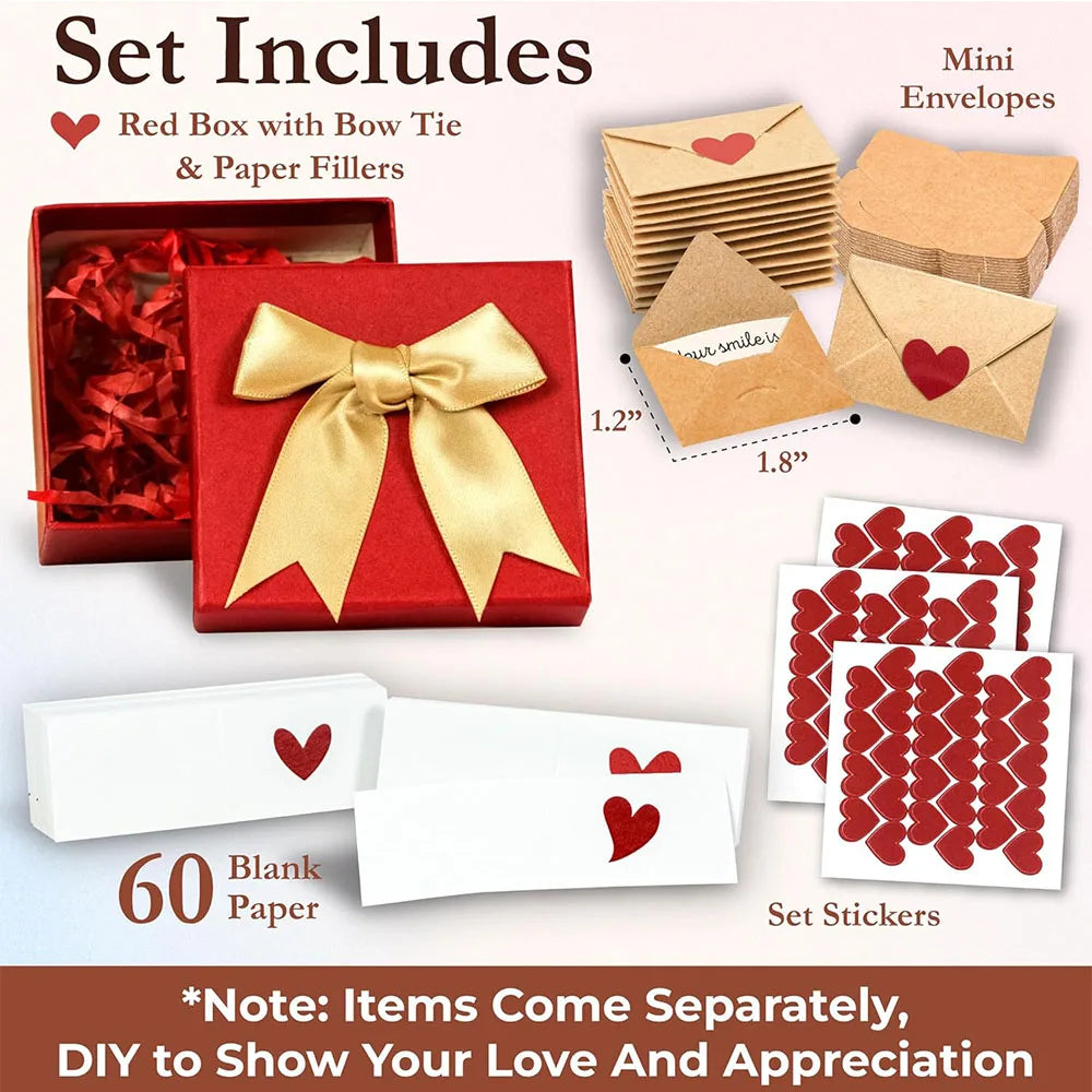 A set of stationery includes a red box with a bow tie, mini envelopes, and sixty blank paper cards and stickers for love note