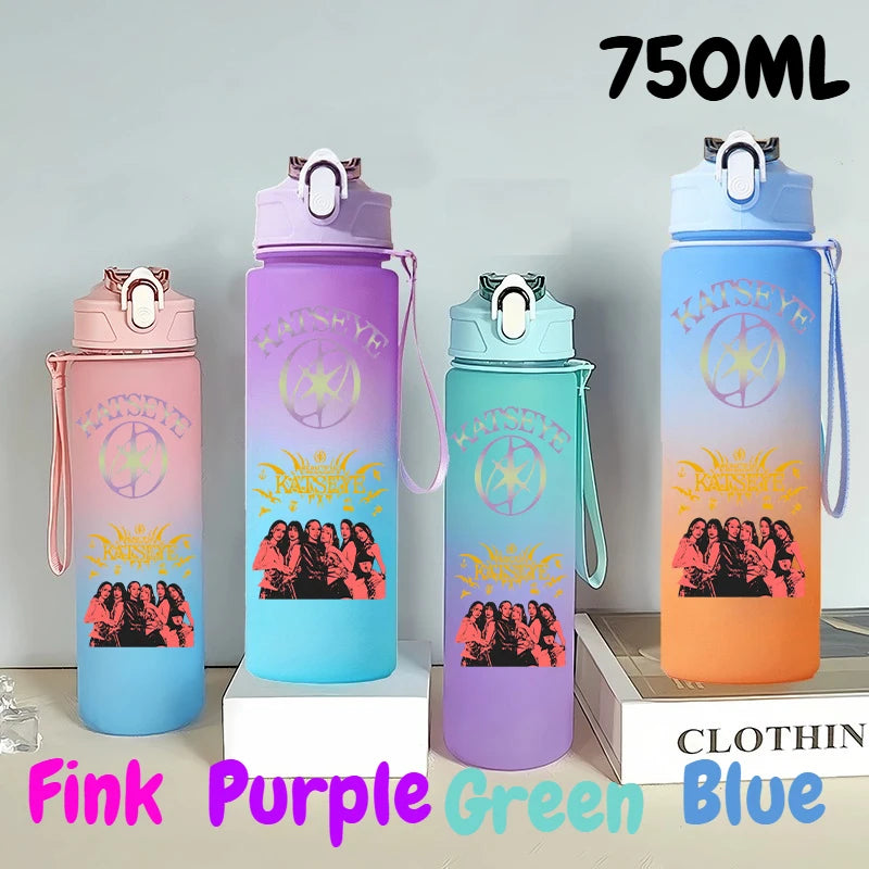 A set of 750ml portable sports water bottles in pink, purple, green, and blue colors displayed on a white surface.