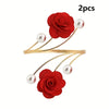 Two sets of red rose pattern curtain tiebacks with gold wire and pearl accents