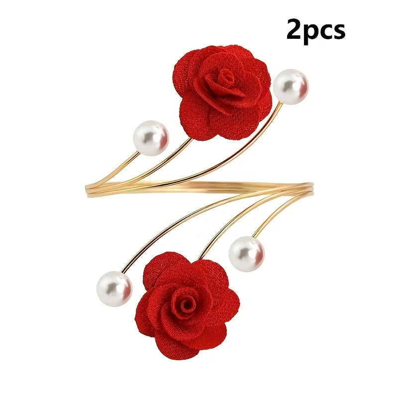 Two sets of red rose pattern curtain tiebacks with gold wire and pearl accents