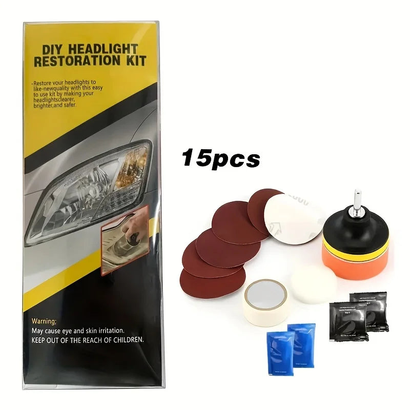A package of DIY headlight restoration kit containing lenses, polish, and cleaning tools.