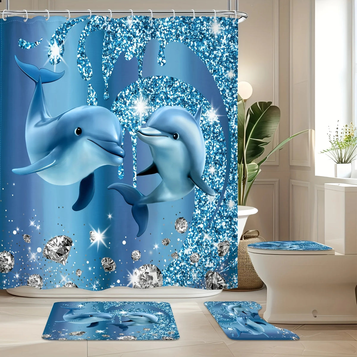 A set of blue dolphin bathroom accessories featuring a shower curtain and floor mats.