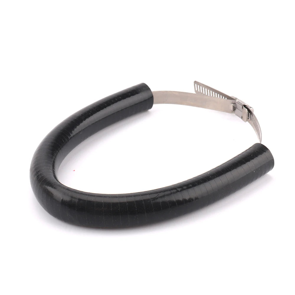 A black universal dirt bike exhaust guard with a metal mounting bracket.