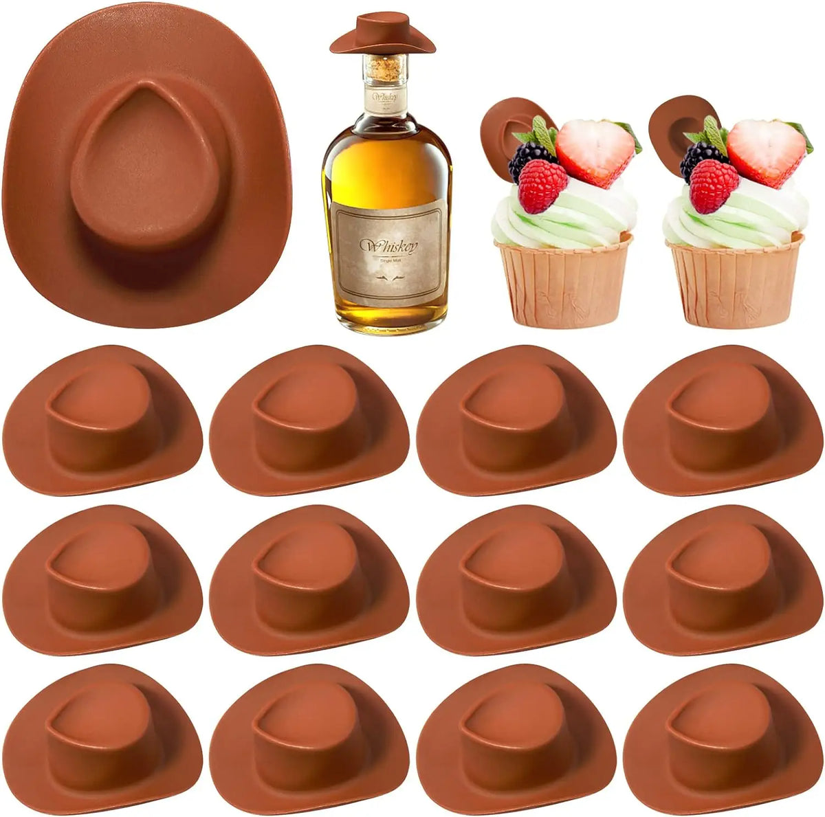 A set of miniature brown cowboy hats used as party favors and cake toppers, displayed next to a bottle of oil and fresh berri