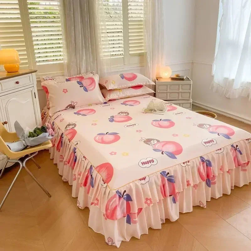 Floral Bed Skirt Set with Anti-Slip Mattress Cover