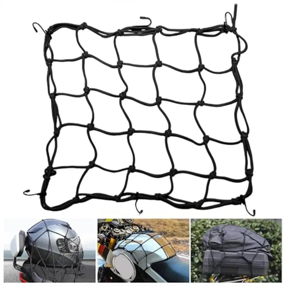 Black universal motorcycle bungee cargo net with scratch-free hooks