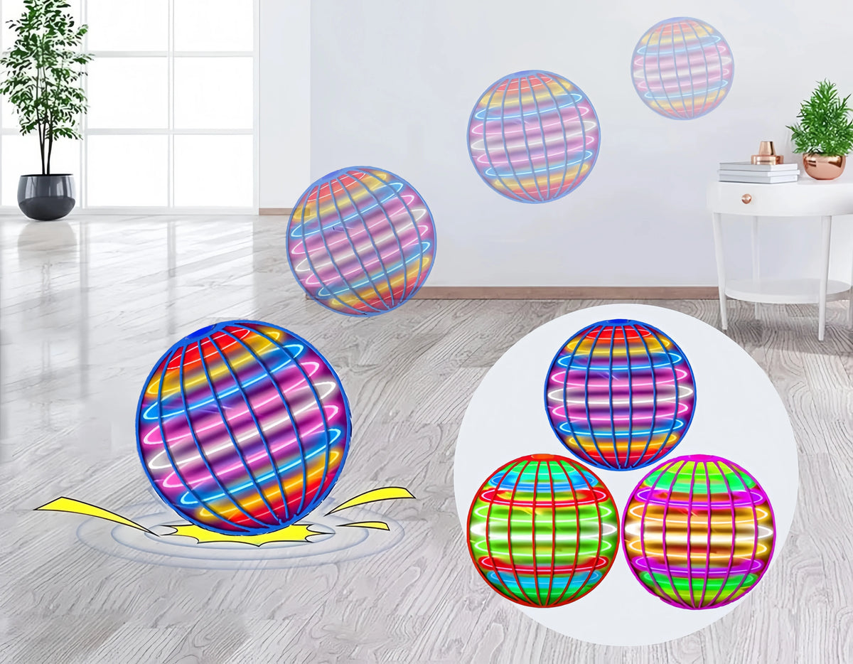 Colorful LED flying spinner toy with boomerang action displayed on a white background.