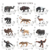 A set of 12 realistic animal figurines including an elephant, bear, deer, leopard, and various farm animals.