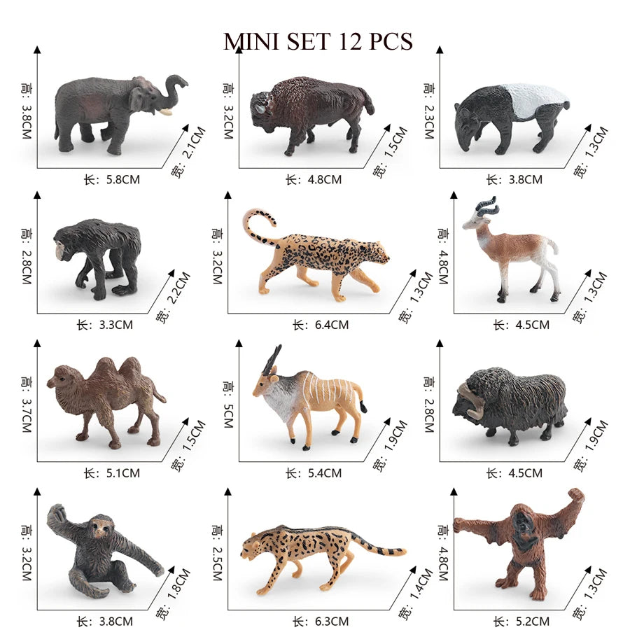 A set of 12 realistic animal figurines including an elephant, bear, deer, leopard, and various farm animals.