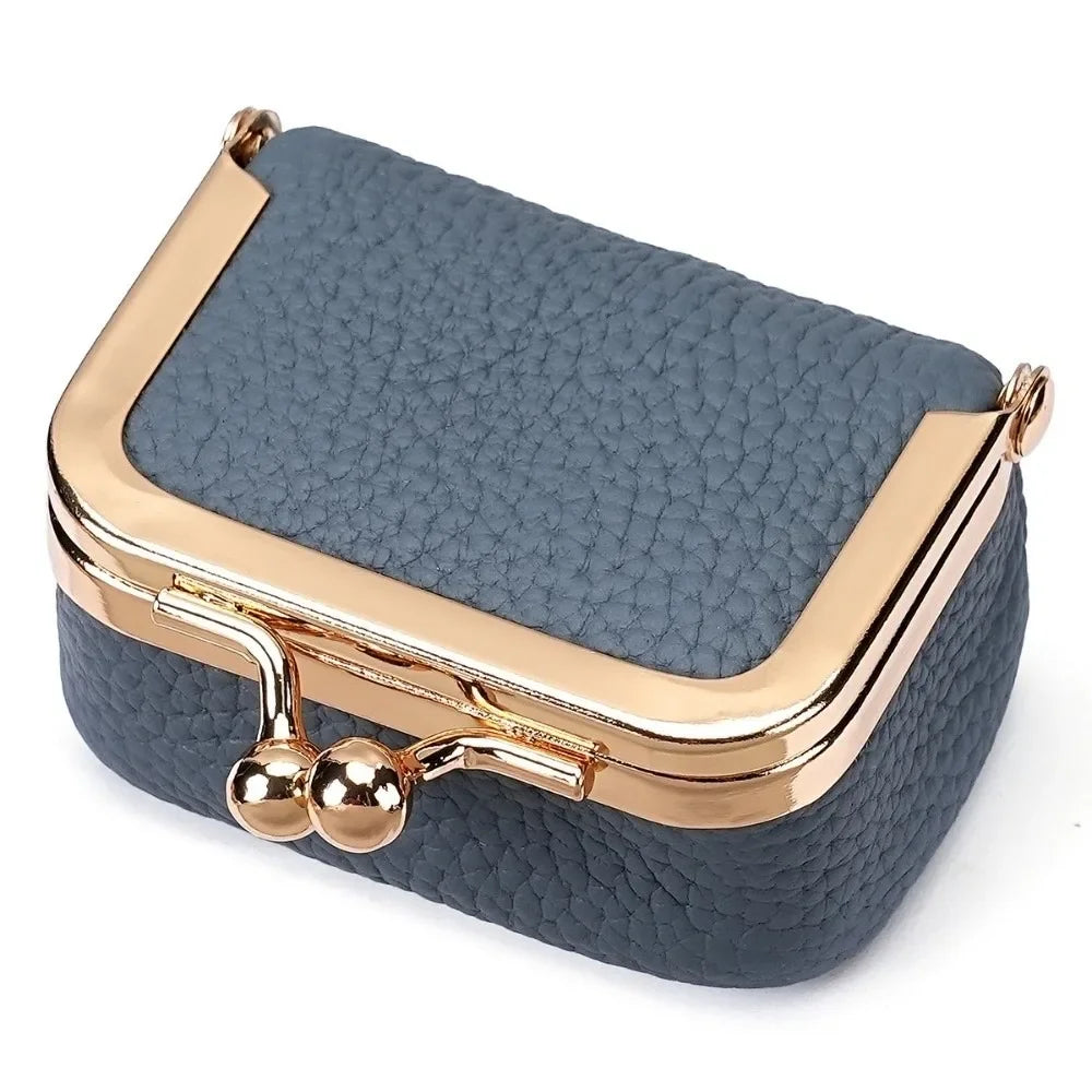 Genuine Leather Kiss Lock Coin Purse with Key Ring