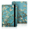 A teal-colored e-reader case with a floral pattern and a black strap is shown on a reflective surface.