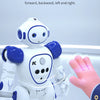 A white robot with blue accents is shown next to a hand demonstrating gesture sensing control.