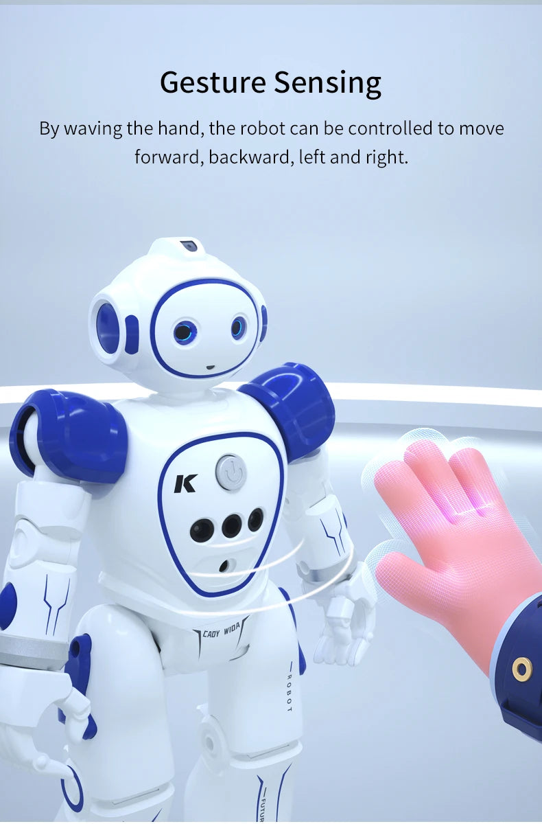 A white robot with blue accents is shown next to a hand demonstrating gesture sensing control.