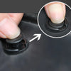Close-up of a hand inserting a heavy-duty plastic fastener into a black surface, with an inset showing the mechanism.