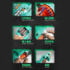 Instructions showing how to open the magazine, load a soft bullet, insert the battery, switch on, and launch the toy gun.