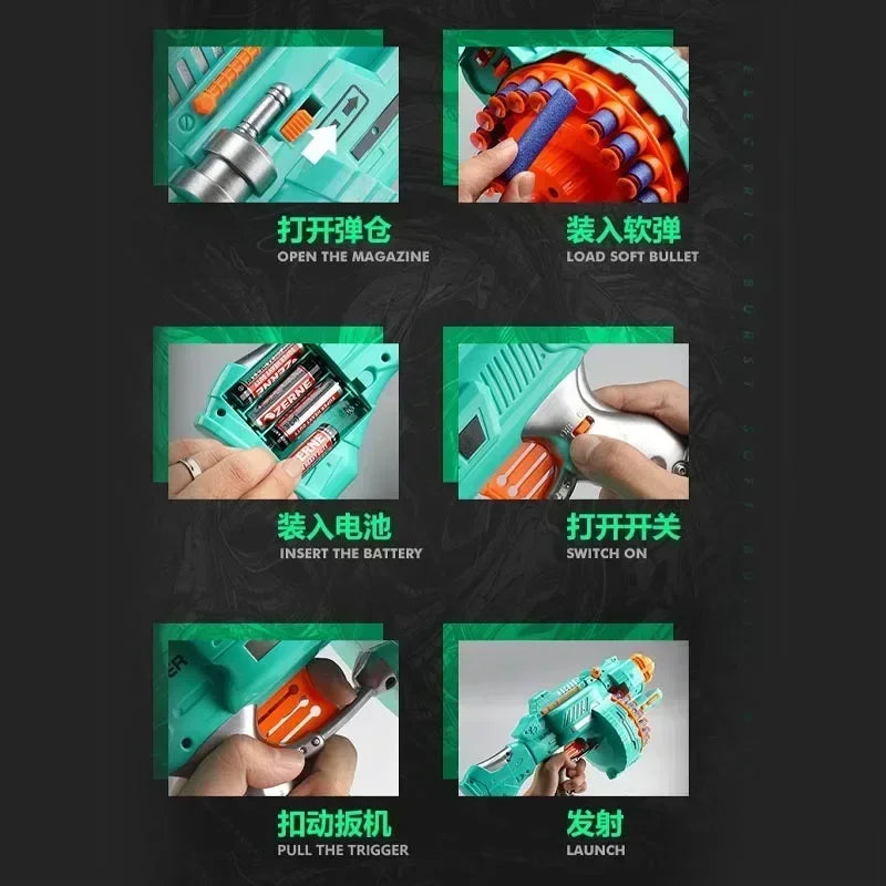 Instructions showing how to open the magazine, load a soft bullet, insert the battery, switch on, and launch the toy gun.