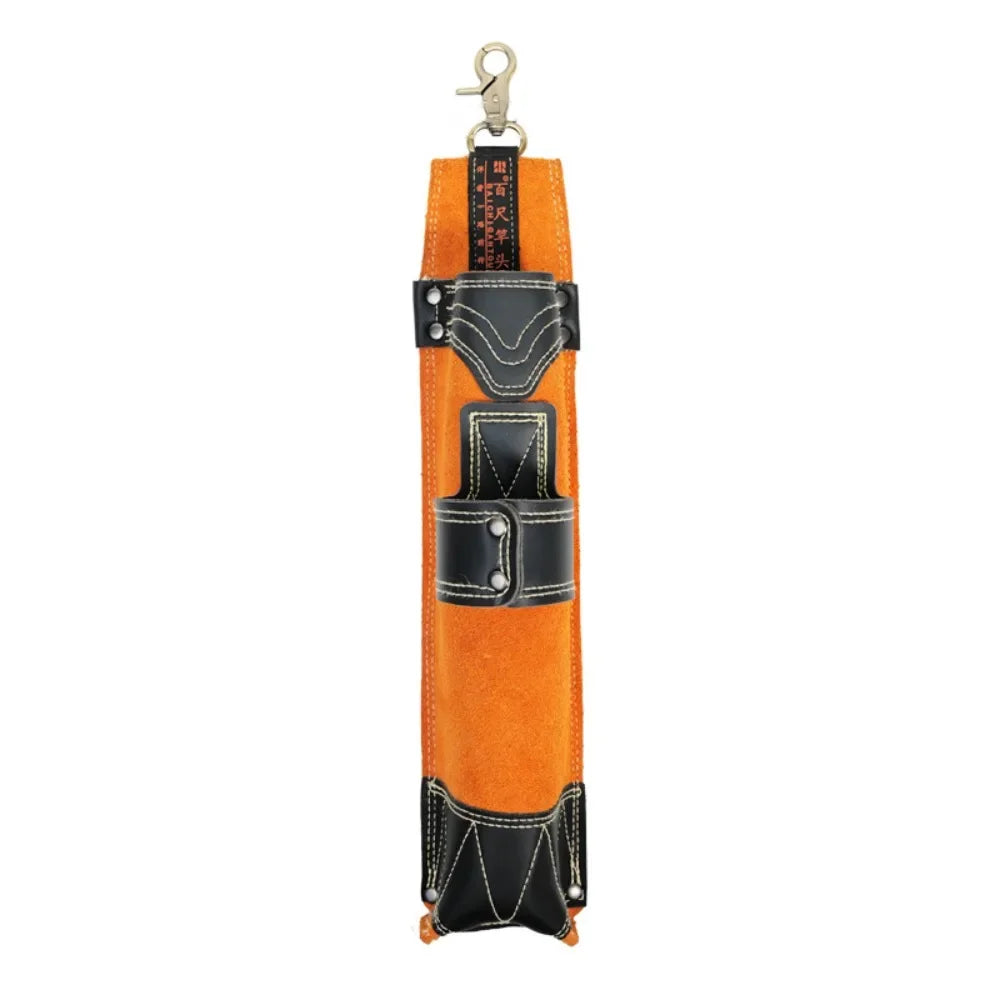 Orange heavy-duty cowhide welding rod storage bag with a hanging hook