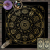 A mystical zodiac tarot wheel with twelve signs and celestial symbols, surrounded by a purple stone and tarot cards.