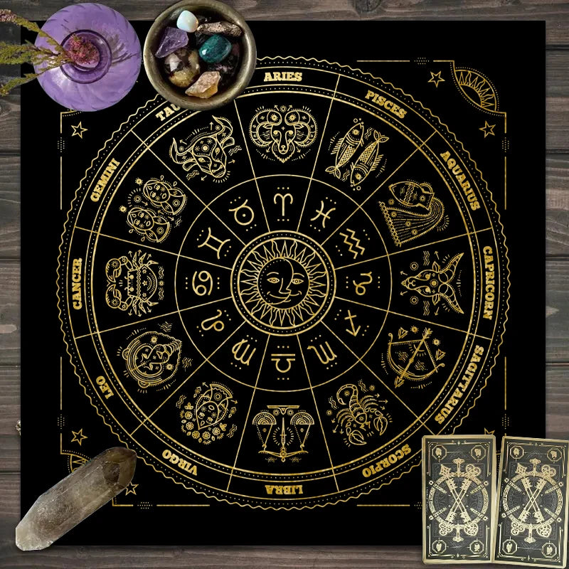 A mystical zodiac tarot wheel with twelve signs and celestial symbols, surrounded by a purple stone and tarot cards.