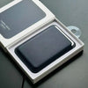 A white leather wallet case with a dark gray magnetic card holder is displayed in its open packaging.