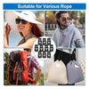 A woman is shown using a drawstring replacement kit with cord locks and threaders on various ropes and fabric items.