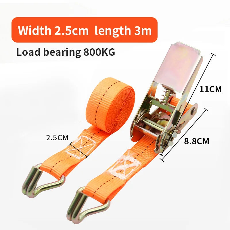 Orange heavy-duty ratchet tie-down straps with metal buckles shown against a white background.