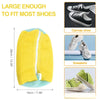 Yellow reusable mesh shoe washing bag with a white trim shown next to various shoes.
