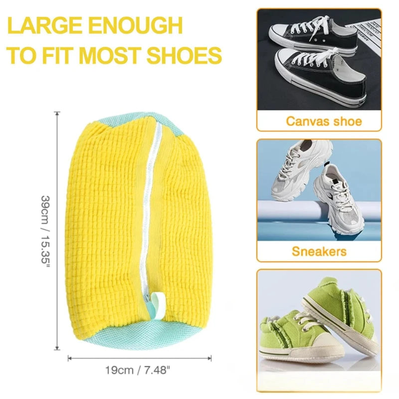 Yellow reusable mesh shoe washing bag with a white trim shown next to various shoes.