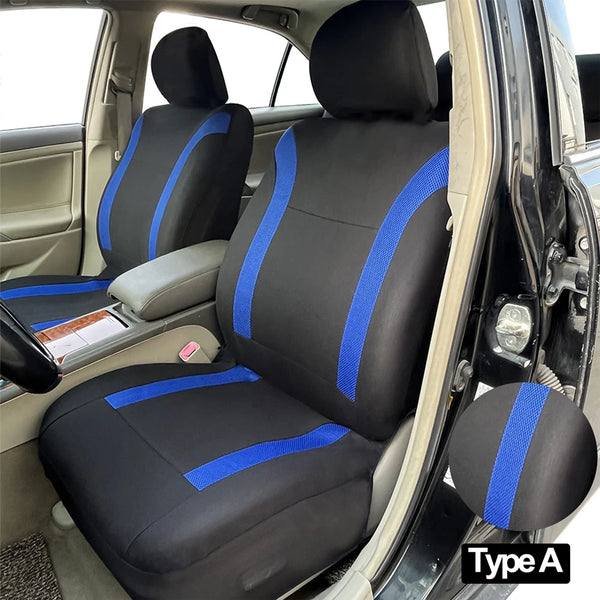 A black and blue two-tone car seat cover set installed in a vehicle interior.