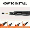 A black cordless rotary tool kit for precision engraving, sanding, and drilling is shown with installation instructions.
