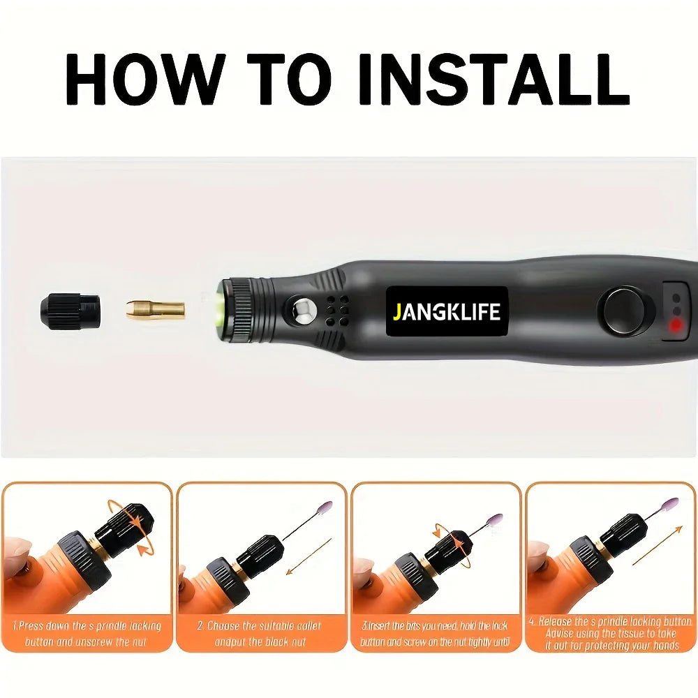 A black cordless rotary tool kit for precision engraving, sanding, and drilling tools.