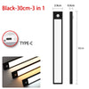 Black LED motion sensor light bar with Type-C connection, shown in various angles.