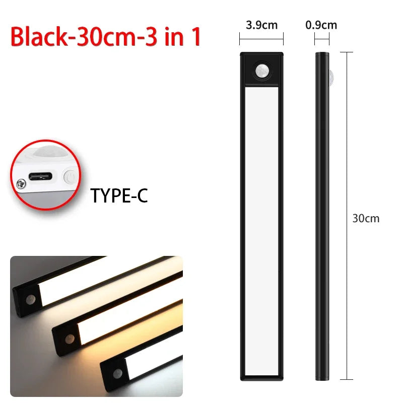 Black LED motion sensor light bar with Type-C connection, shown in various angles.