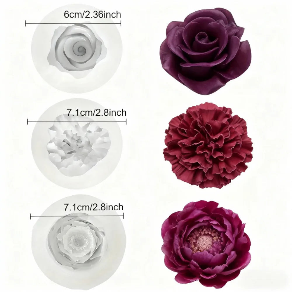 A set of three silicone rose molds in shades of purple and pink for crafting candles, soap, and resin.