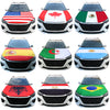A collection of car hood covers featuring various national flags, including the USA, Canada, Mexico, and others.